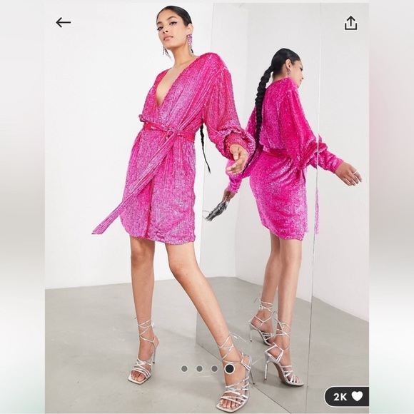 - ASOS EDITION sequin wrap mini dress in hit pink - size 6 - Picture 5 of 12